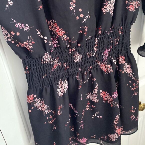 Parker Floral Plum Blossom Smocked Waist Dress Tie‎ Neck Elastic XS - Picture 4 of 9